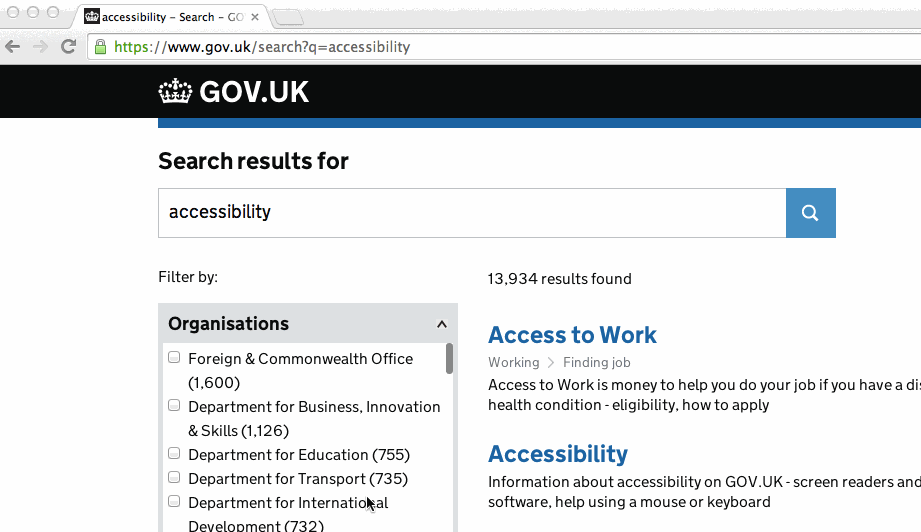 Animated gif showing existing accessibility problems on GOV.UK