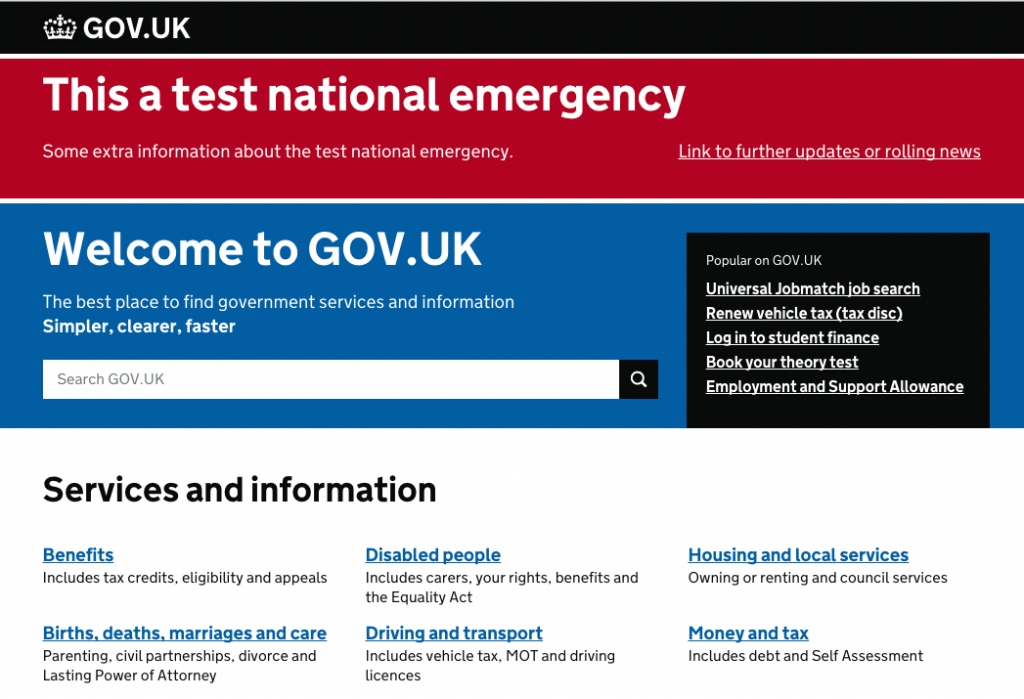Screenshot of what a test national emergency message on GOV.UK looks like