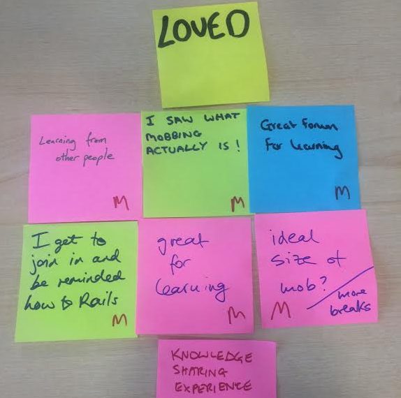 Post-it notes with mob programming details
