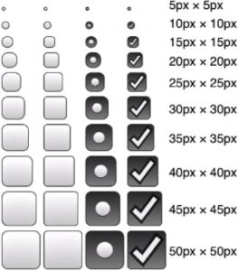 An image of a test page showing radio buttons and checkboxes in varying sizes in iOS. As the radios increase in size they become progressively squarer.