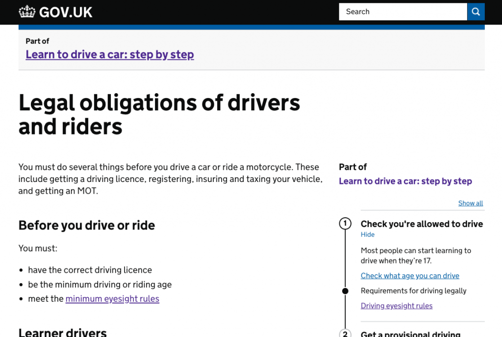 "GOV.UK webpage showing step by step instructions for learning to drive"