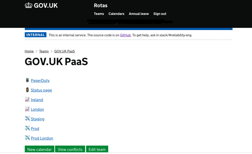 A screenshot showing links GOV.UK PaaS’s status page and dashboards