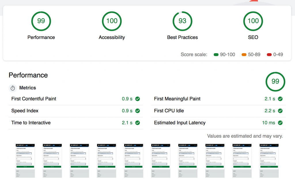 Performance score was 91, accessibility was 100 and best practices was 93 and SEO was 89. All out of 100