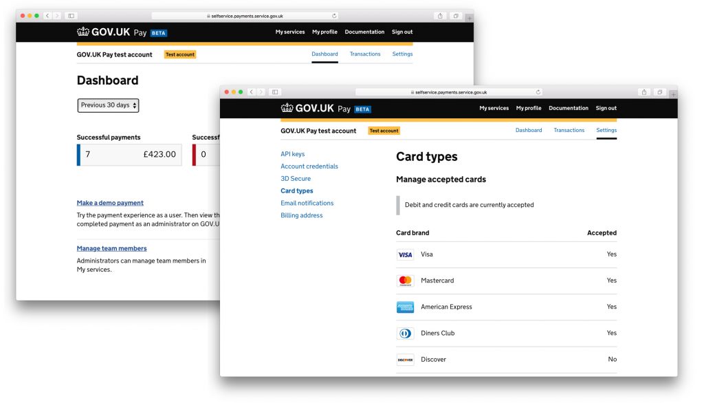 The first image shows the GOV.UK dashboard and this is then overlayed with the cards types available on Pay